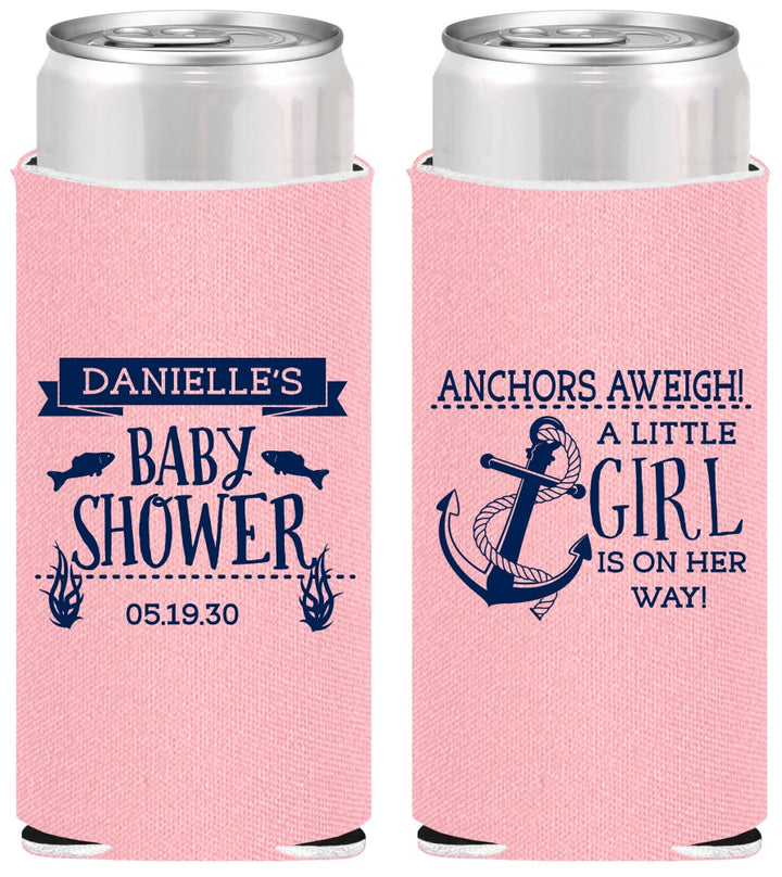 Personalized Baby Shower Slim Can Coolers - Anchors Aweigh Little Girl | 90056
