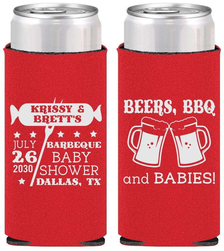 Personalized Baby Shower Slim Can Coolers - Beers Bbq Babies | 90060