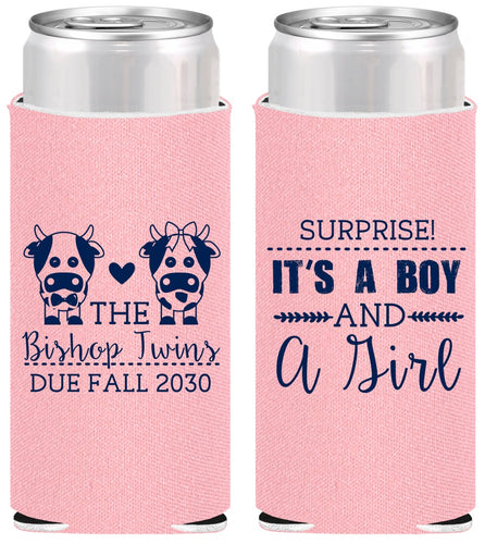 Personalized Baby Shower Slim Can Coolers - Twins Baby Cows | 90067