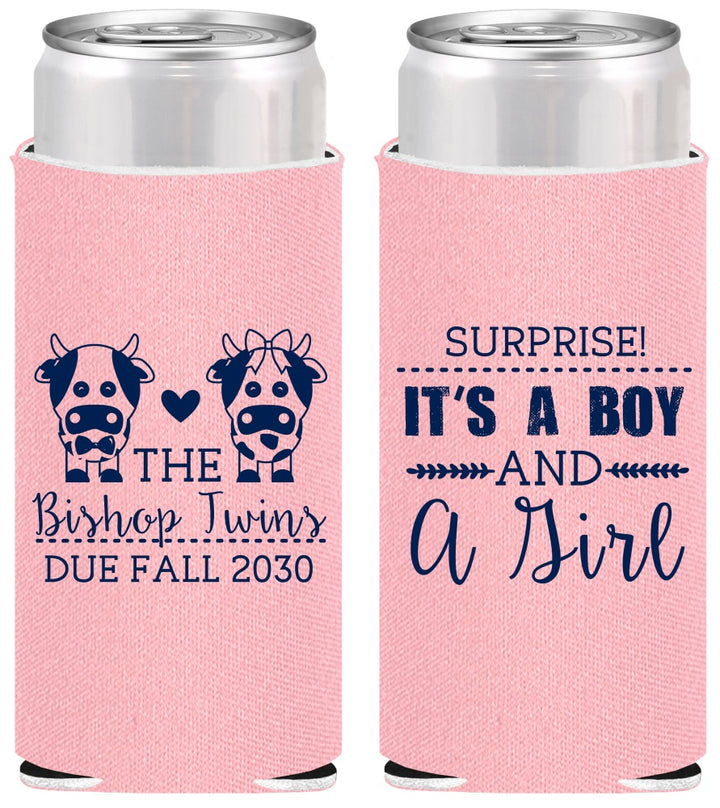 Personalized Baby Shower Slim Can Coolers - Twins Baby Cows | 90067