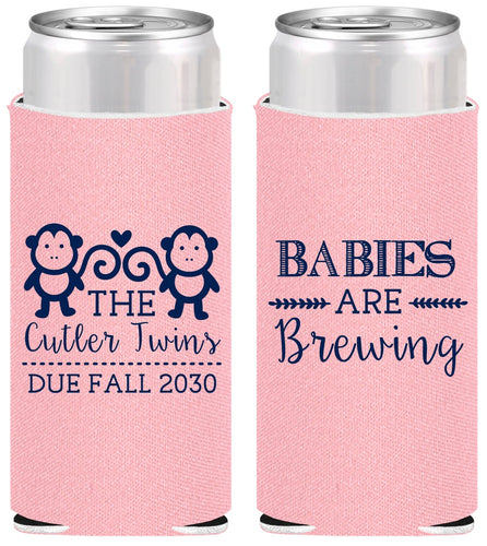 Personalized Baby Shower Slim Can Coolers - Twins Baby Monkeys | 90068