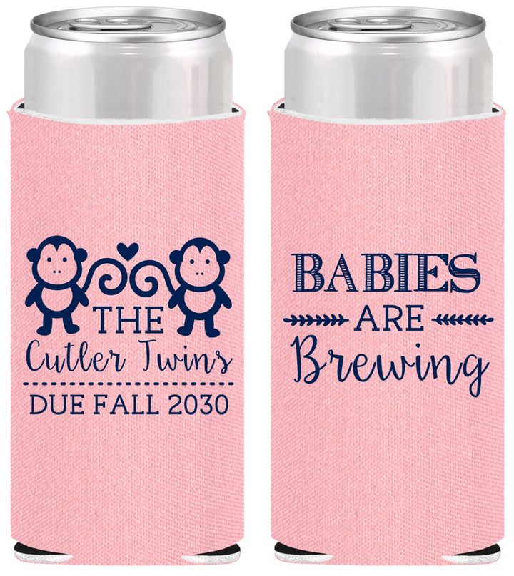 Personalized Baby Shower Slim Can Coolers - Twins Baby Monkeys | 90068