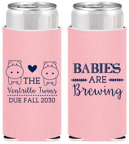 Personalized Baby Shower Slim Can Coolers - Twins Baby Hippos | 90069