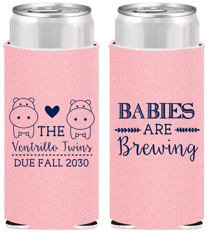 Personalized Baby Shower Slim Can Coolers - Twins Baby Hippos | 90069