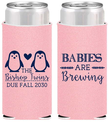 Personalized Baby Shower Slim Can Coolers - Twins Baby Penguins | 90070