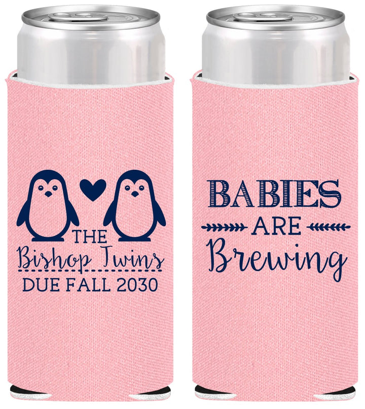 Personalized Baby Shower Slim Can Coolers - Twins Baby Penguins | 90070