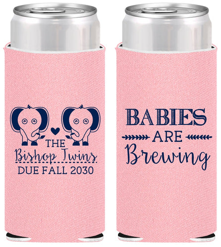 Personalized Baby Shower Slim Can Coolers - Twins Baby Elephant | 90071