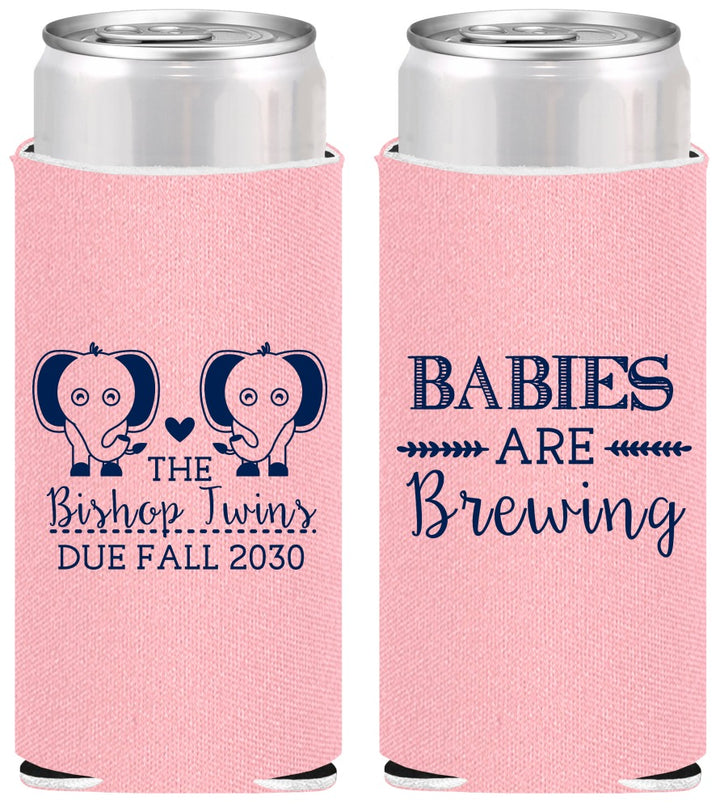 Personalized Baby Shower Slim Can Coolers - Twins Baby Elephant | 90071