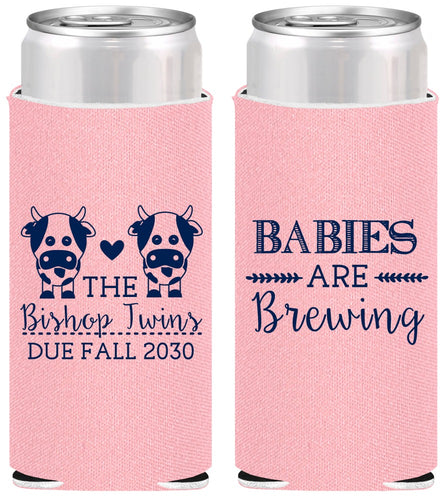 Personalized Baby Shower Slim Can Coolers - Twins Baby Cows | 90072