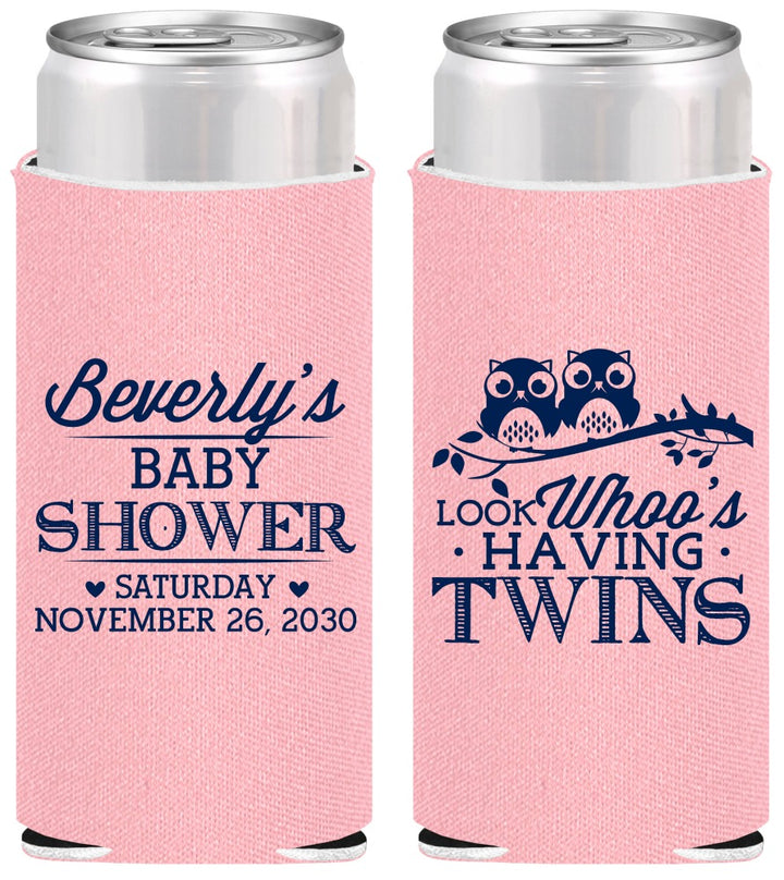 Personalized Baby Shower Slim Can Coolers - Twins Baby Owls | 90074