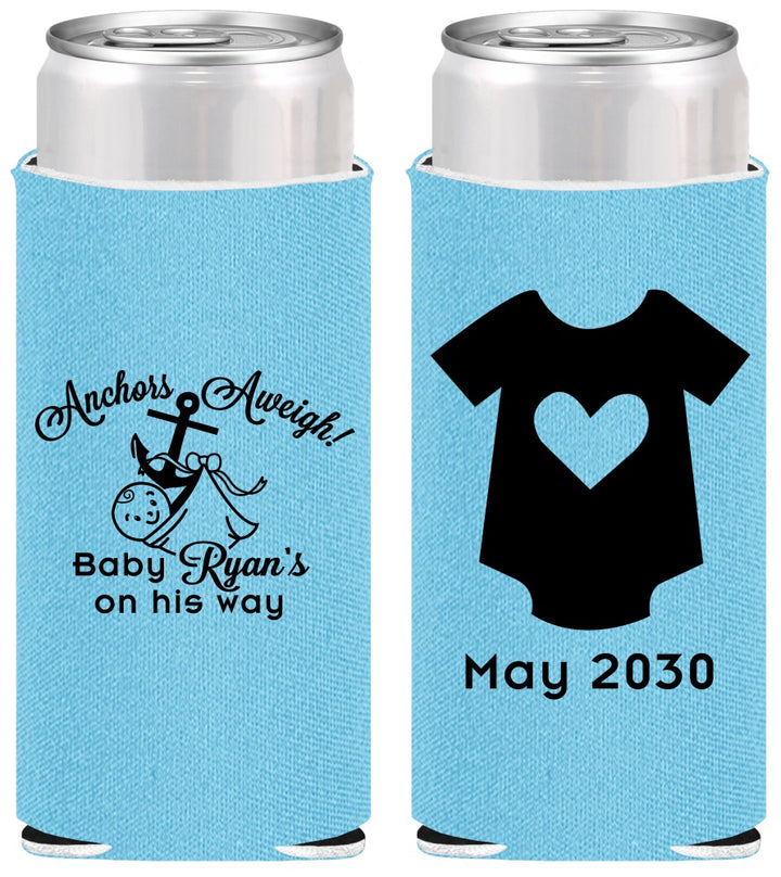 Personalized Baby Shower Slim Can Coolers - Nautical Anchors Aweigh | 90083