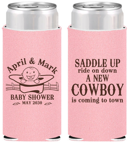 Personalized Baby Shower Slim Can Coolers - New Cowboy | 90104