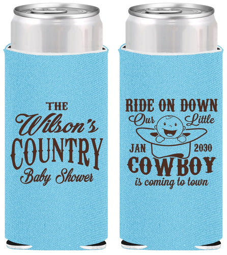 Personalized Baby Shower Slim Can Coolers - Cowboy Coming To Town | 90105