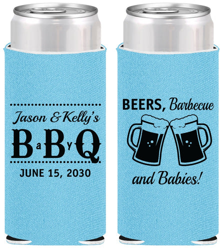 Personalized Baby Shower Slim Can Coolers - Beers Bbq Babies | 90111