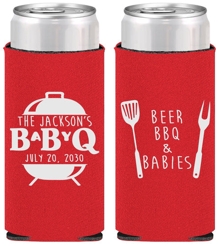 Personalized Baby Shower Slim Can Coolers - Beers Bbq Babies | 90112
