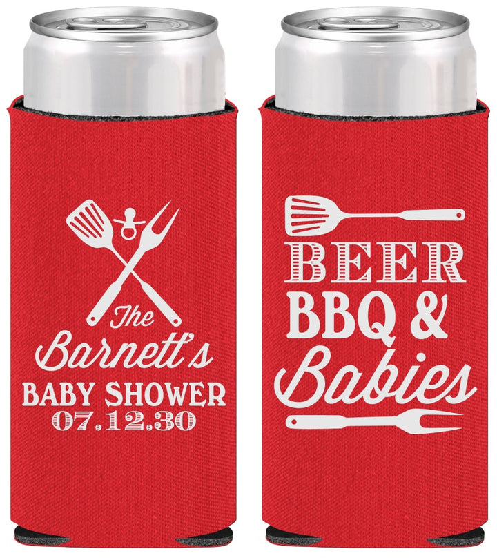 Personalized Baby Shower Slim Can Coolers - Beers Bbq Babies | 90113