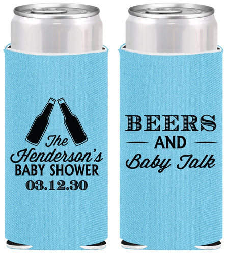 Personalized Baby Shower Slim Can Coolers - Beers And Baby Talk | 90117