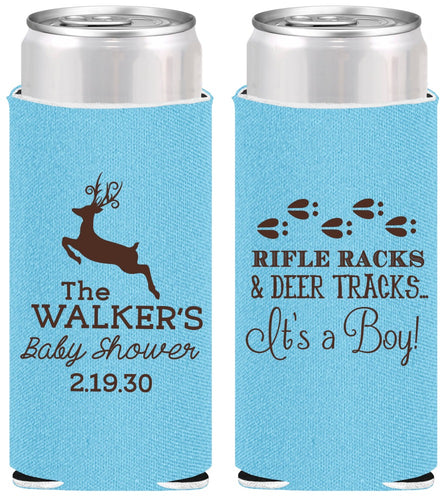 Personalized Baby Shower Slim Can Coolers - Rifle Racks Deer Tracks | 90128