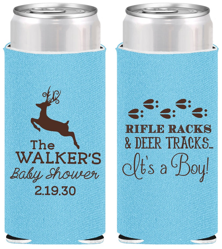Personalized Baby Shower Slim Can Coolers - Rifle Racks Deer Tracks | 90128