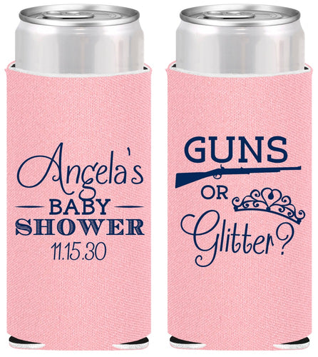Personalized Baby Shower Slim Can Coolers - Guns Or Glitter | 90130