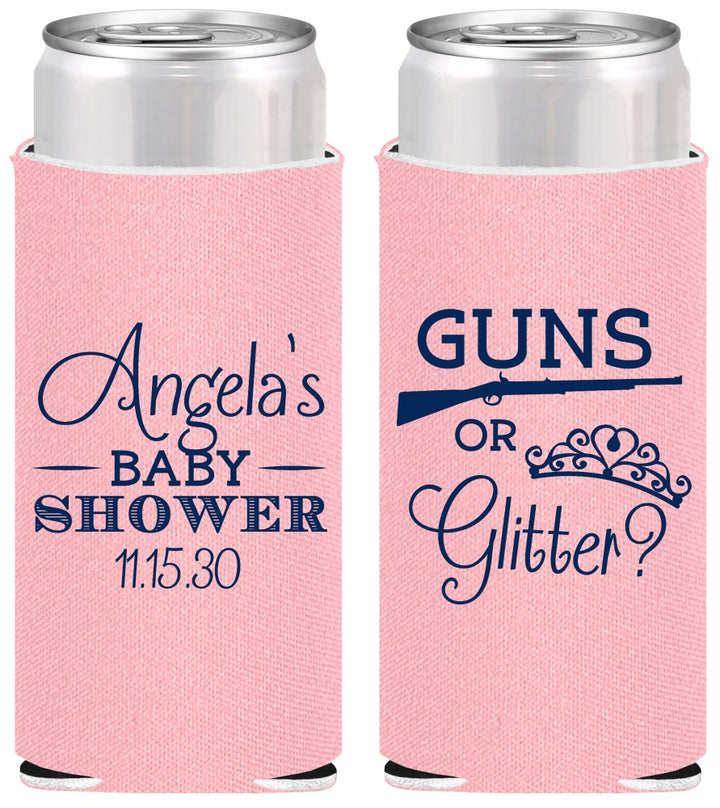 Personalized Baby Shower Slim Can Coolers - Guns Or Glitter | 90130