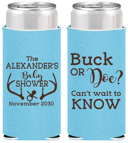 Personalized Baby Shower Slim Can Coolers - Gender Reveal Buck Or Doe | 90131