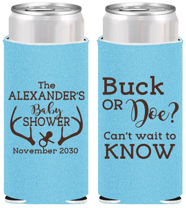 Personalized Baby Shower Slim Can Coolers - Gender Reveal Buck Or Doe | 90131