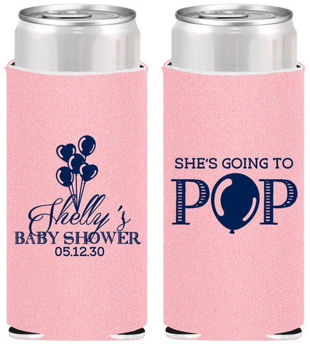 Personalized Baby Shower Slim Can Coolers - Shes Going To Pop | 90157