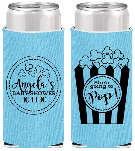 Personalized Baby Shower Slim Can Coolers - Shes Going To Pop | 90159