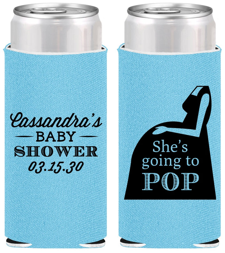Personalized Baby Shower Slim Can Coolers - Shes Going To Pop | 90161