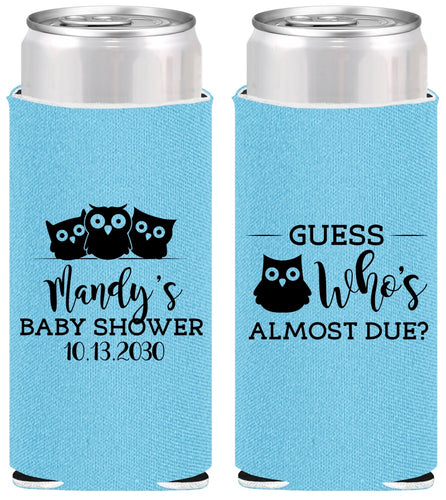 Personalized Baby Shower Slim Can Coolers - Owl Whos Almost Due | 90170