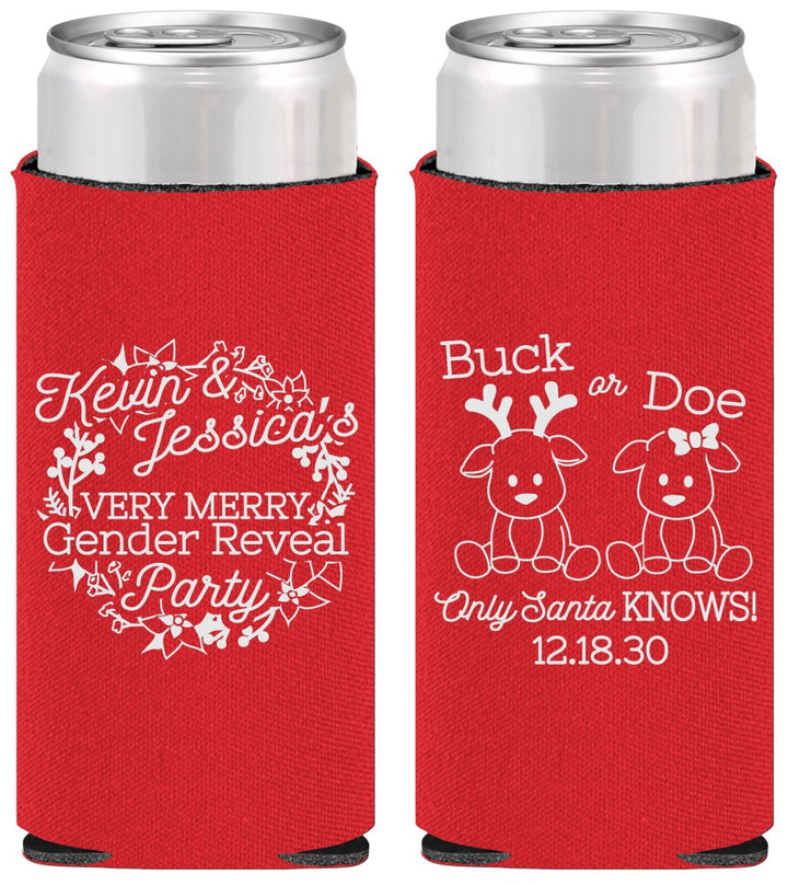 Personalized Baby Shower Slim Can Coolers - Christmas Gender Reveal | 90193