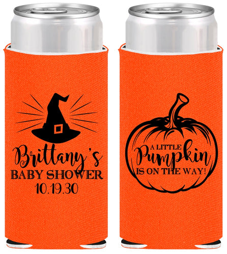 Personalized Baby Shower Slim Can Coolers - Little Pumpkin Halloween | 90196