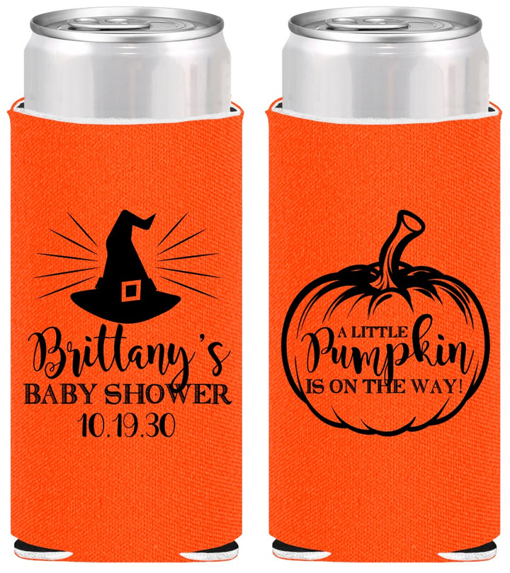 Personalized Baby Shower Slim Can Coolers - Little Pumpkin Halloween | 90196