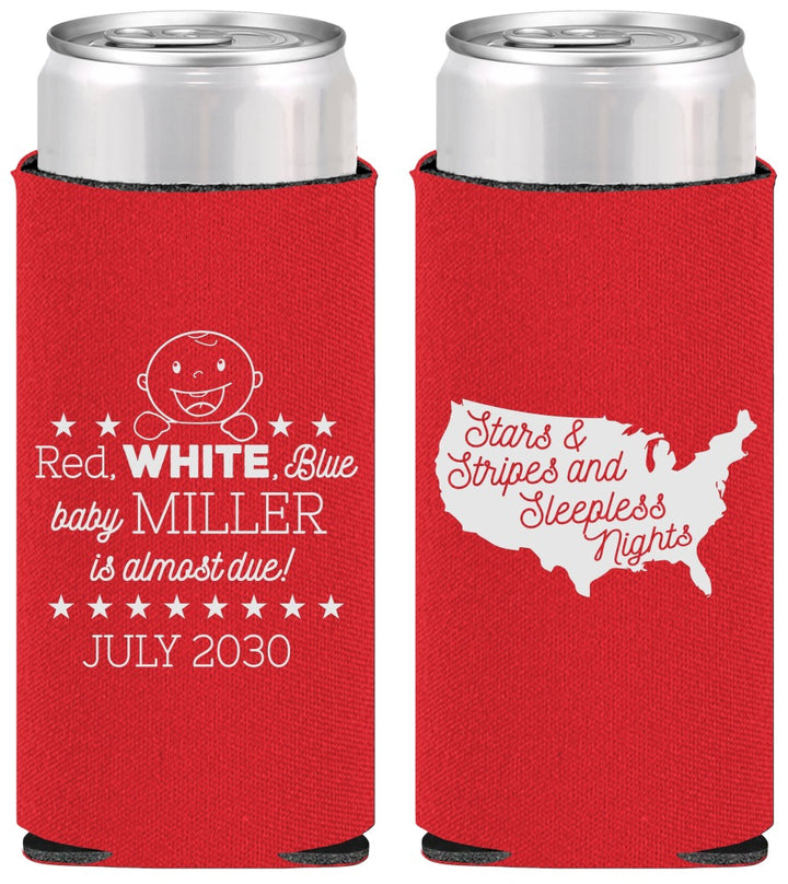 Personalized Baby Shower Slim Can Coolers - Red White Blue | 90197