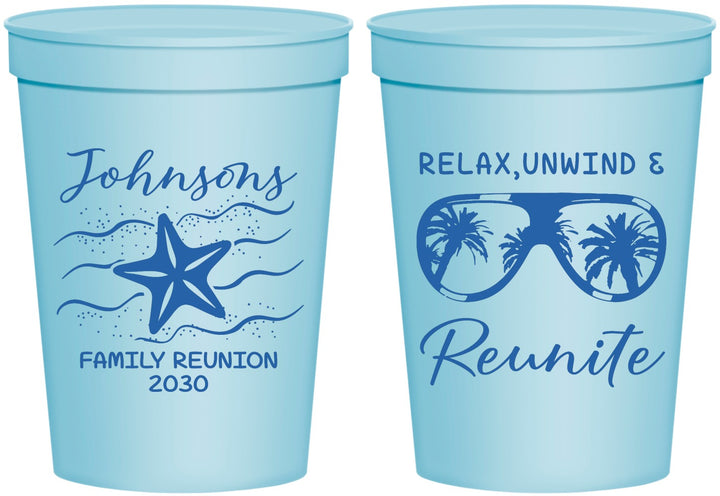 Personalized Family Reunion 16 oz Stadium Cups - Relax Unwind Reunite | 160019