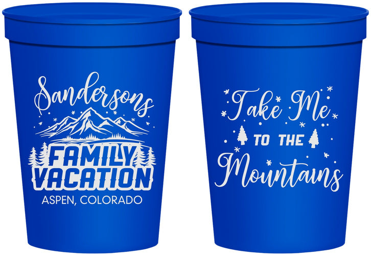 Personalized Family Vacation 16 oz Stadium Cups - Ski Trip Peaks | 180023