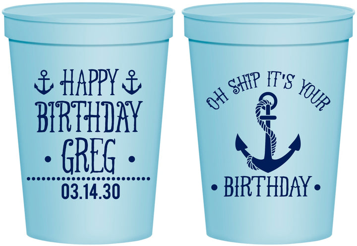 Personalized Birthday 16 oz Stadium Cups - Oh Ship Nautical | 20238