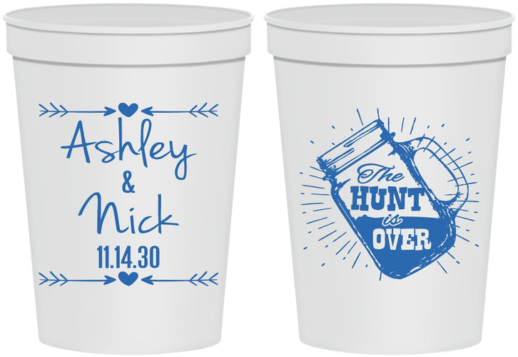 Personalized Wedding 16 oz Stadium Cups - The Hunt Is Over Mason Jar | 218