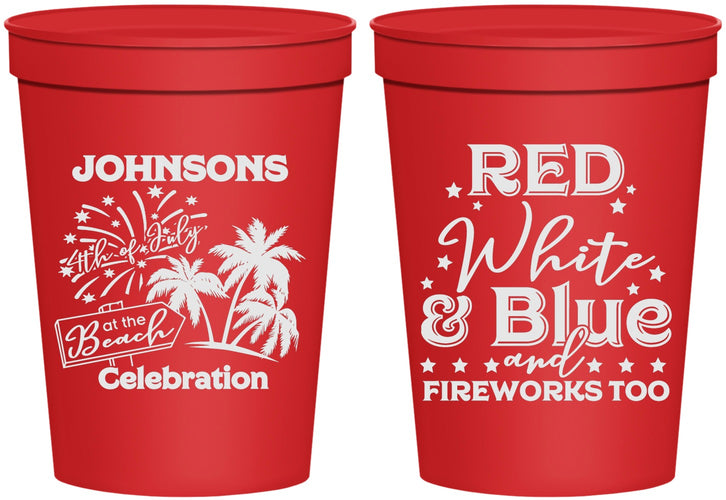 Personalized 4th Of July 16 oz Stadium Cups - Beach Fireworks | 220022