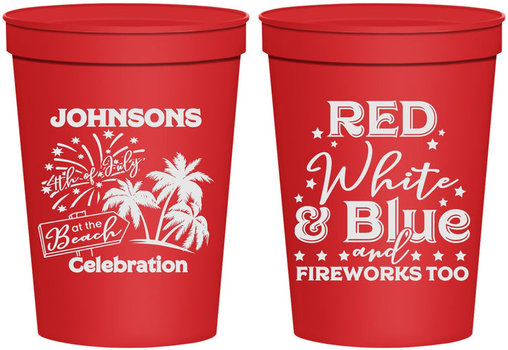 Personalized 4th Of July 16 oz Stadium Cups - Beach Fireworks | 220022