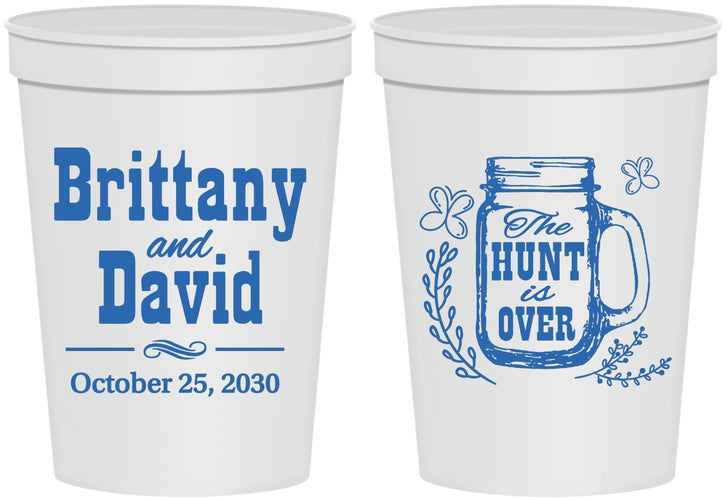 Personalized Wedding 16 oz Stadium Cups - The Hunt Is Over Mason Jar | 223