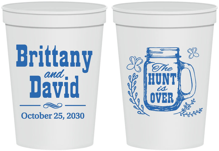 Personalized Wedding 16 oz Stadium Cups - The Hunt Is Over Mason Jar | 223
