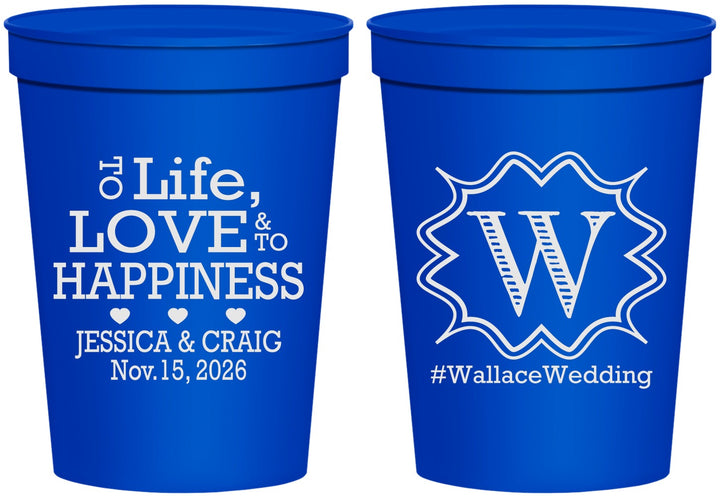 Personalized Wedding 16 oz Stadium Cups - Life Love Happiness | 248