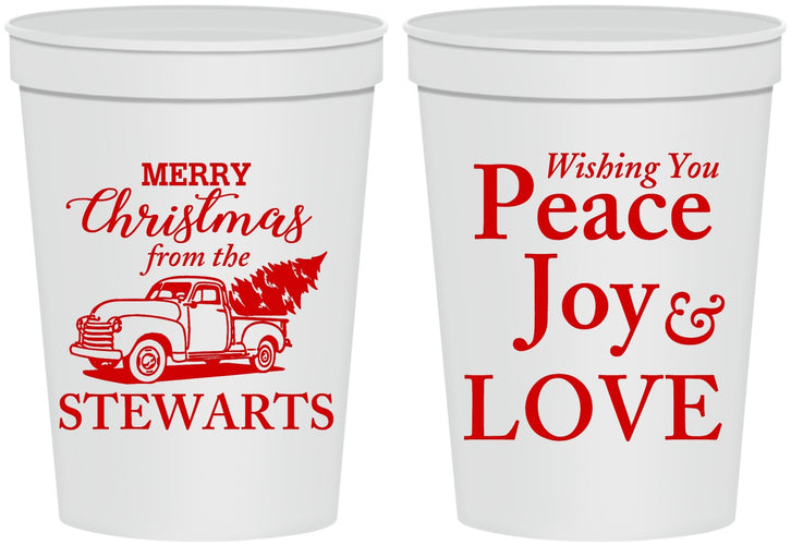 Personalized Christmas 16 oz Stadium Cups - Peace Joy Love | 280070