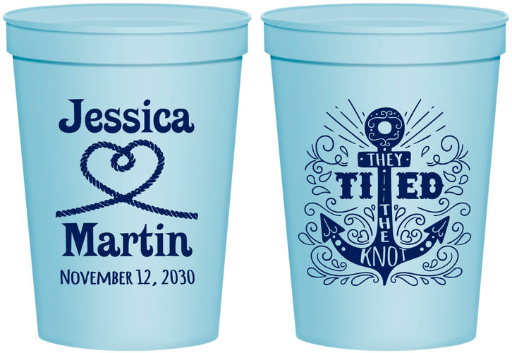 Personalized Wedding 16 oz Stadium Cups - They Tied The Knot Nautical | 293