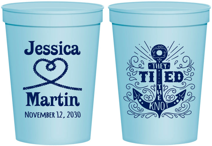 Personalized Wedding 16 oz Stadium Cups - They Tied The Knot Nautical | 293