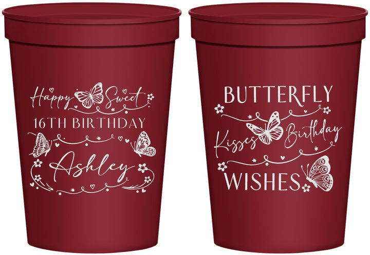 Personalized 16th Birthday 16 oz Stadium Cups - Butterfly Wishes | 300001