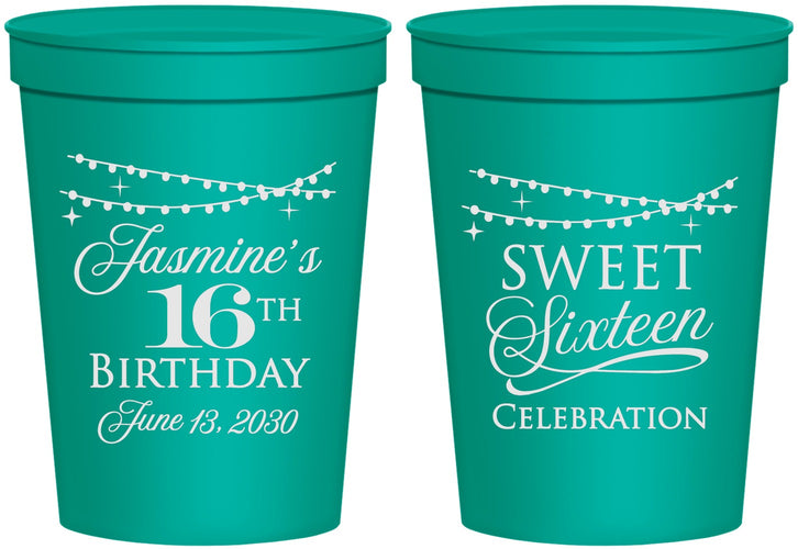 Personalized 16th Birthday 16 oz Stadium Cups - String Lights | 300009