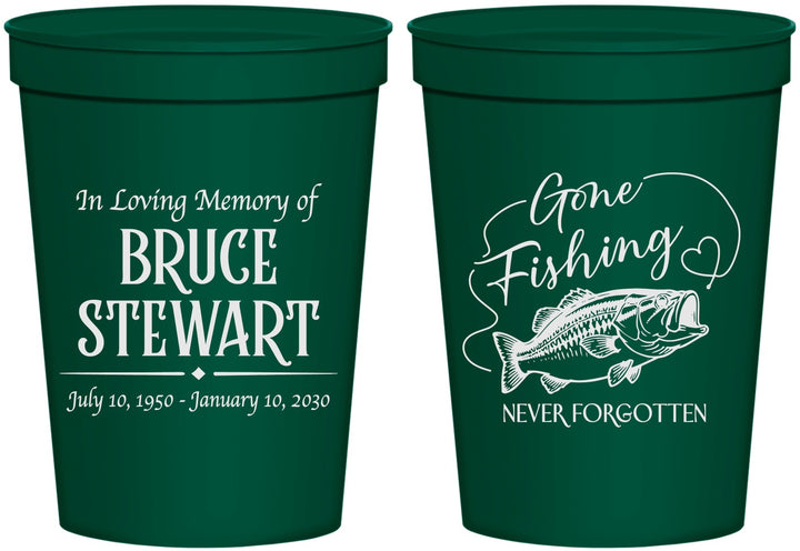 Personalized Memorial 16 oz Stadium Cups - Gone Fishing | 310023